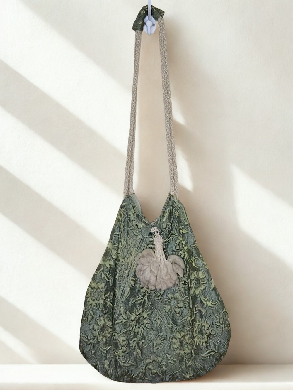 Vintage Handcrafted Green Floral Tapestry Hobo Bag Drawstring Tassel